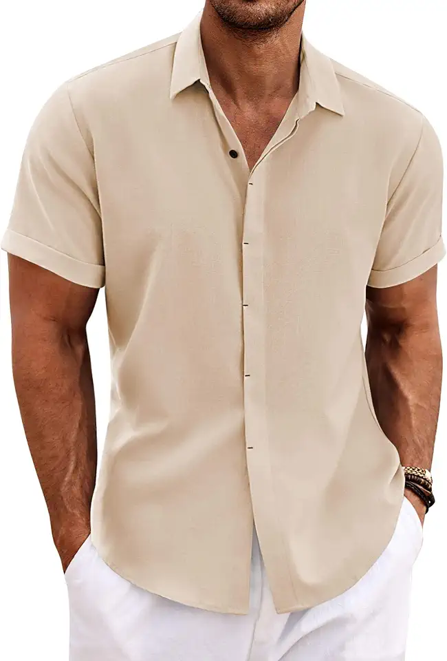 Global Recycled Standard COOFANDY Men's Linen Shirts Short Sleeve Casual Shirts Button Down Shirt for Men Beach Summer Wedding Shirt