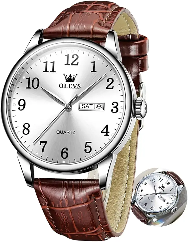 OLEVS Mens Watches Vintage Leather Band Dress Classic Easy Reader Arabic Numerals Analog Quartz Waterproof Date Day Mens Wrist Watches