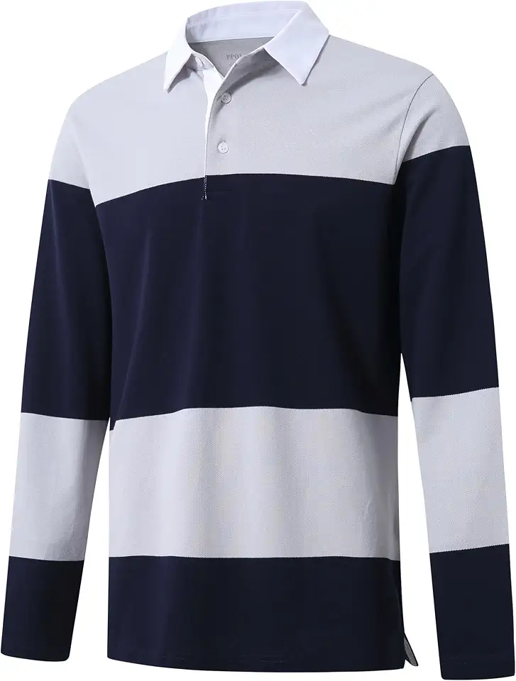 Men's Polo Shirts Long Sleeve Striped Dry Fit Casual Collared Pique Golf Polo Shirts for Mens