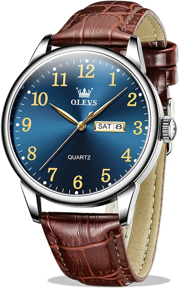 OLEVS Leather Watches for Men Casual Easy to Read Quartz Number Waterproof