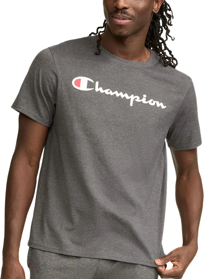 Champion Men's Graphic Short Sleeve T-Shirt, Standard Fit, Classic Script Logo, Midweight 100% Cotton
