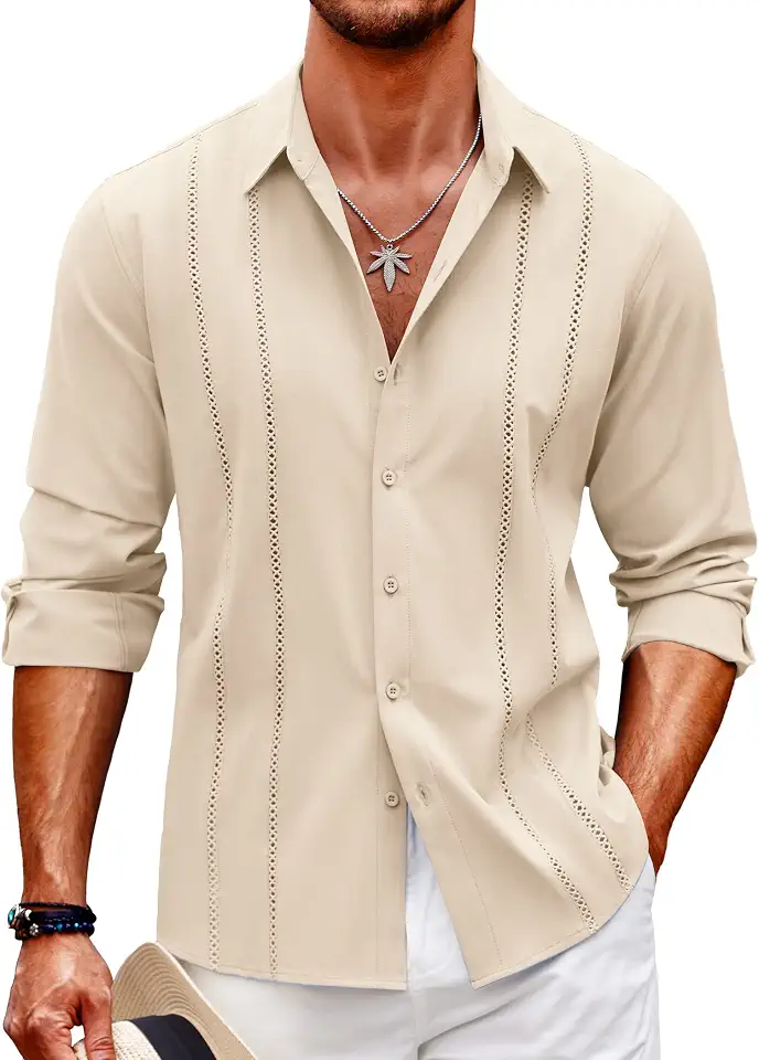 Global Recycled Standard COOFANDY Mens Cuban Guayabera Shirt Casual Button Down Shirts Long Sleeve Summer Beach Shirts