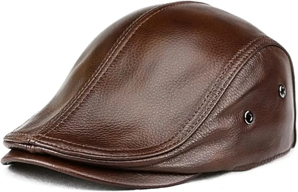 Men's Genuine Cowhide Leather Flat Cap, Adjustable Newsboy Ivy Driving Hat