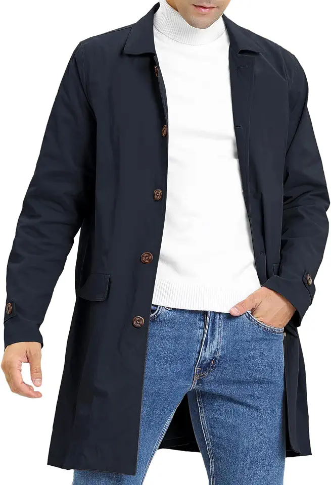 Coutgo Mens Trench Coat Single Breasted Long Jacket Windbreaker Overcoat
