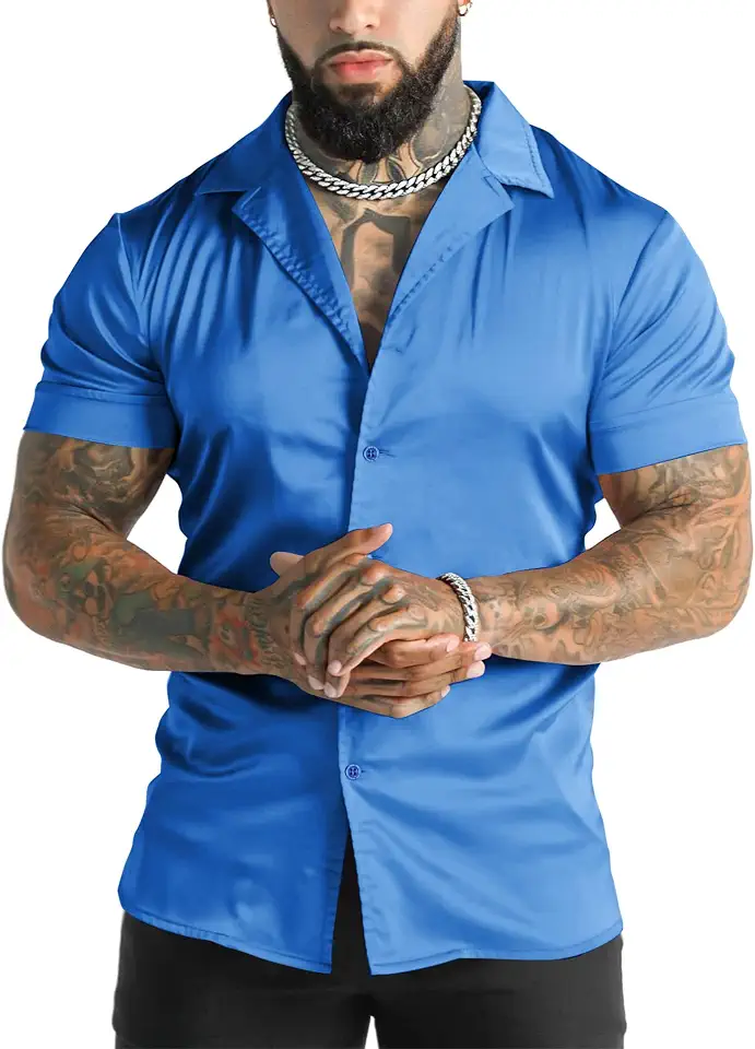 URRU Men's Luxury Shiny Silk Like Satin Dress Shirt Cuban Collar Short Sleeve Casual Slim Fit Muscle Button Up Shirts