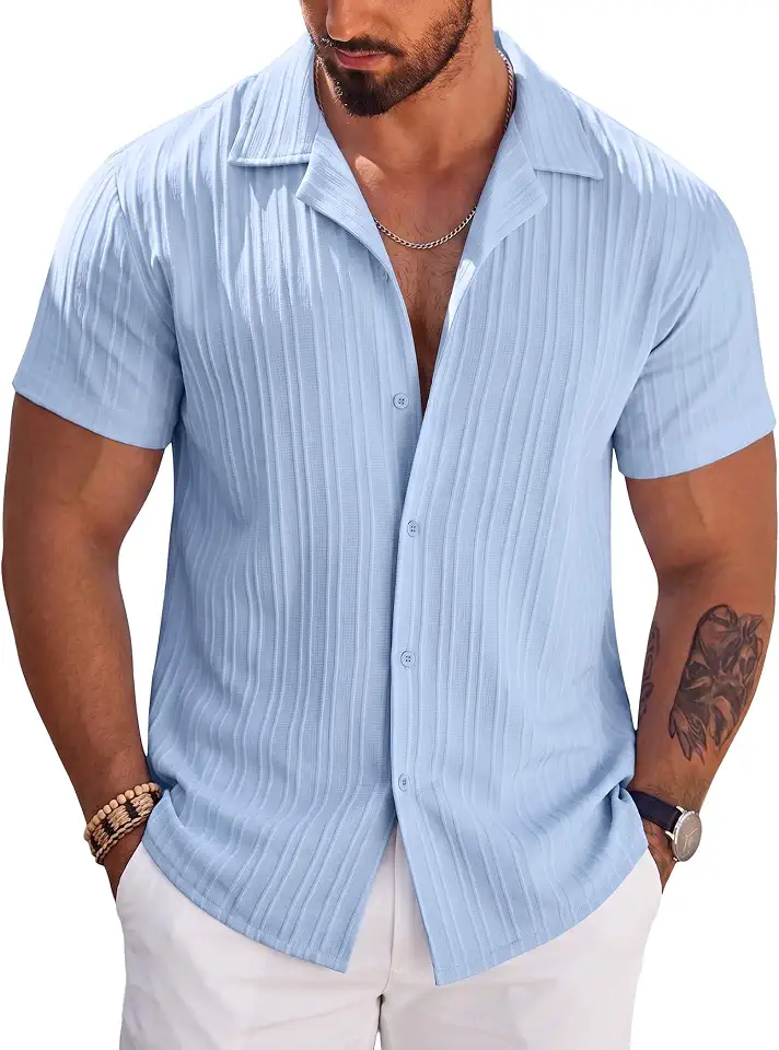 Global Recycled Standard COOFANDY Men's Casual Shirts Short Sleeve Button Down Shirts Fashion Textured Summer Beach Shirt