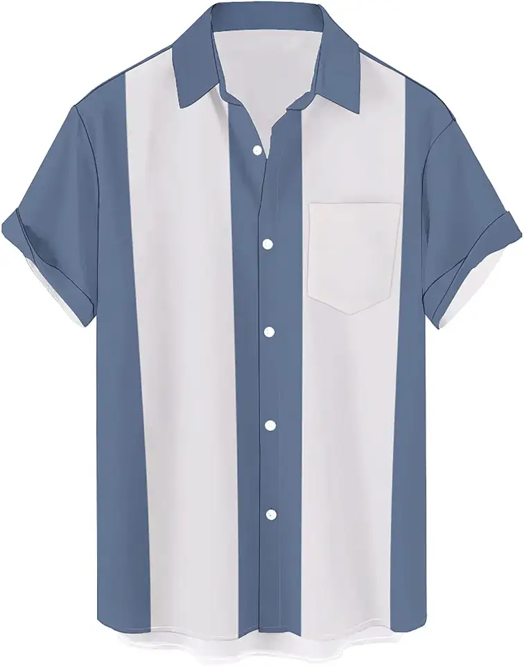 QIVICIMA Mens 50s Retro Flamingo Beer Color Block Bowling Shirt