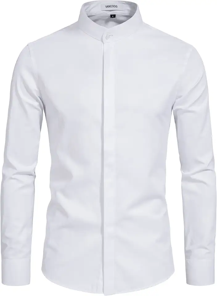 Men's Banded Collar Long Sleeve Casual Solid Dress Shirts