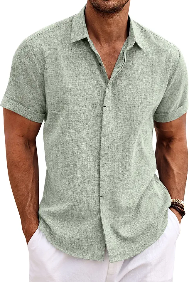Global Recycled Standard COOFANDY Men's Linen Shirts Short Sleeve Casual Shirts Button Down Shirt for Men Beach Summer Wedding Shirt