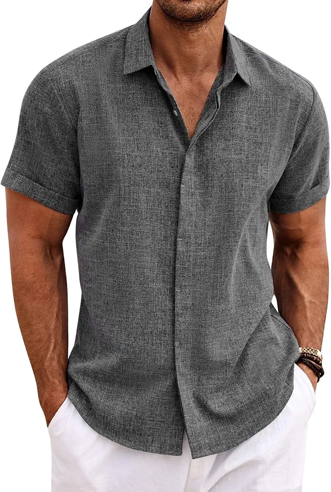 Global Recycled Standard COOFANDY Men's Linen Shirts Short Sleeve Casual Shirts Button Down Shirt for Men Beach Summer Wedding Shirt