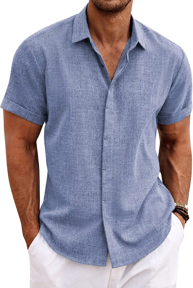 Global Recycled Standard COOFANDY Men's Linen Shirts Short Sleeve Casual Shirts Button Down Shirt for Men Beach Summer Wedding Shirt