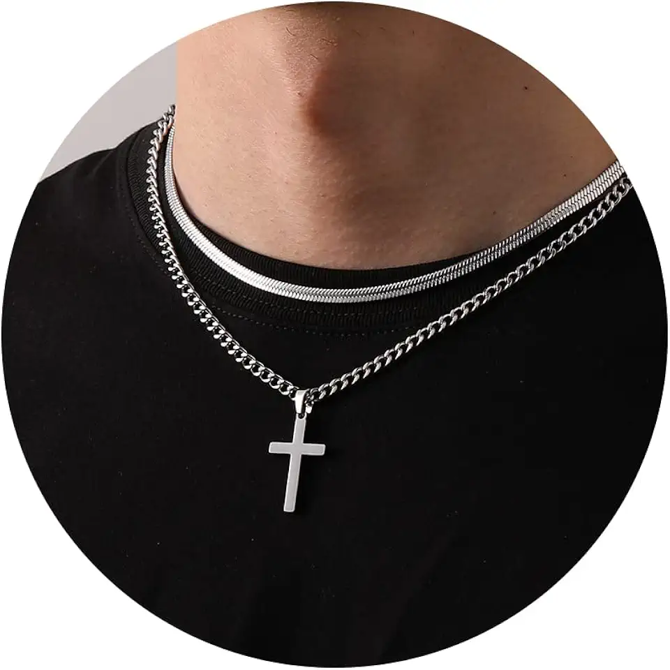 Zocomi Cross Pendant Stainless Steel Layered Necklace for Men & Boys
