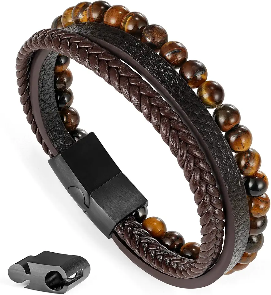 Gifts for Men - Mens Bracelet, Braided Leather Beaded Bracelets Mens Jewelry 6mm Tiger Eye Lava Rock Stone Handmade Bracelet With Adjustable Magnetic Clasp