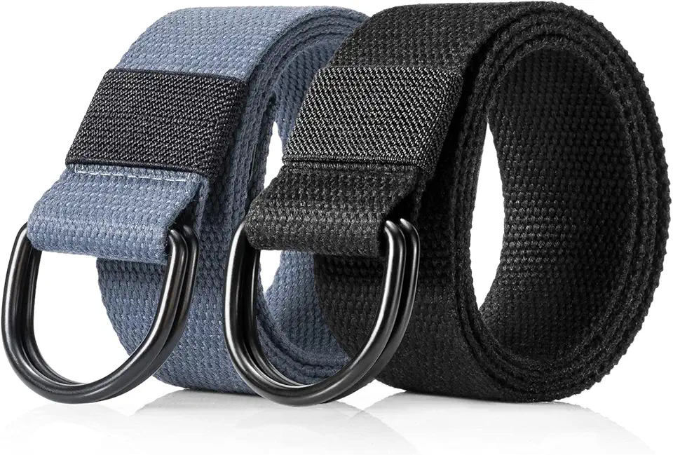 Canvas D Ring Belt, Fabric Cloth Belts for Men Women 1 1/2" Wide | 2 Pack, Casual Web Belt with Double Ring Buckle for Shorts/Pants/Jeans, for Football/Work/Outdoors Activities