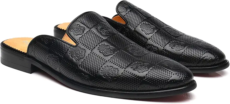 Mens Black Backless Loafers Genuine Leather Mules Shoes