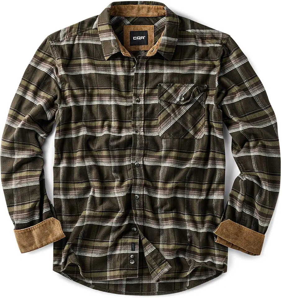 CQR Men's 100% All Cotton Button Down Flannel Shirts, Long Sleeve Brushed Warm Soft Casual Outdoor Plaid Shirt