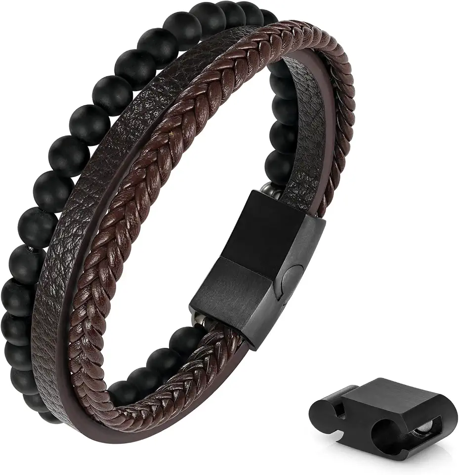 FOCOOG Leather Bead Bracelets for Men, Natural Tiger Eye Lava Rock Stone Bead Magnetic Clasp Adjustable Leather Bracelets Stress Relief Mens Anxiety Bracelet Mens Jewelry Gifts