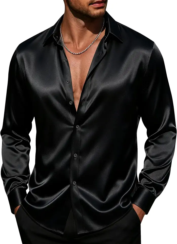 Global Recycled Standard J.VER Mens Silk Satin Long Sleeve Dress Shirt Casual Button Down Shirts