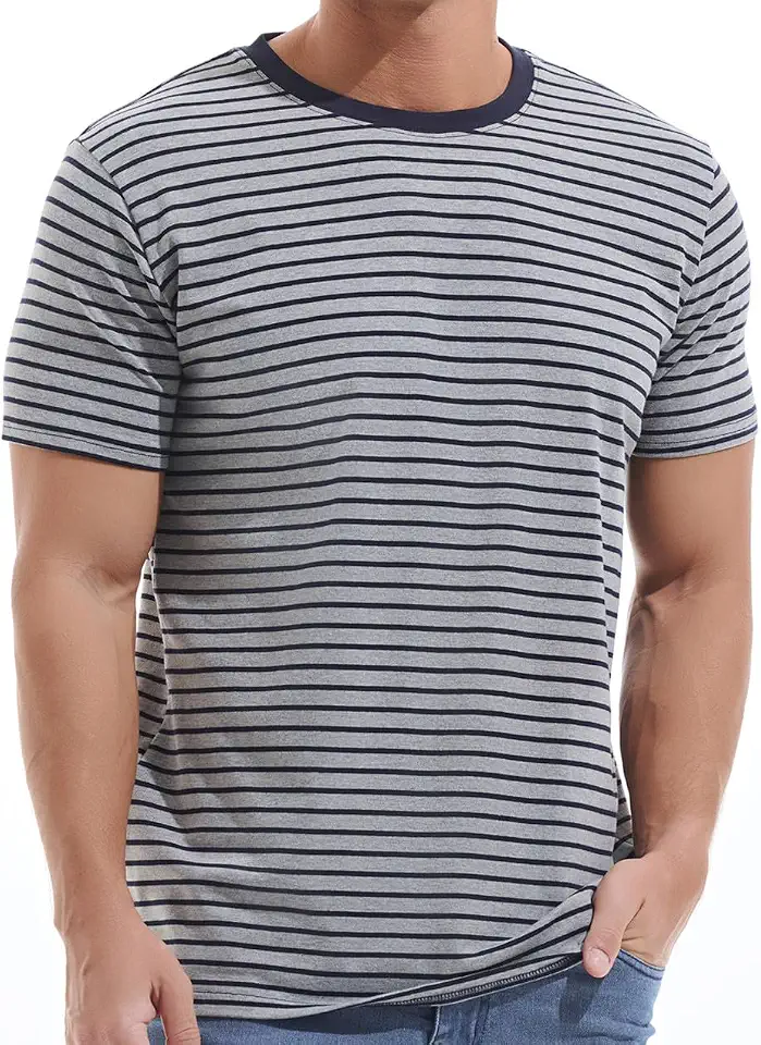 VEIISAR Men's Crewneck Striped T-Shirt Soft Elastic Cotton Tees