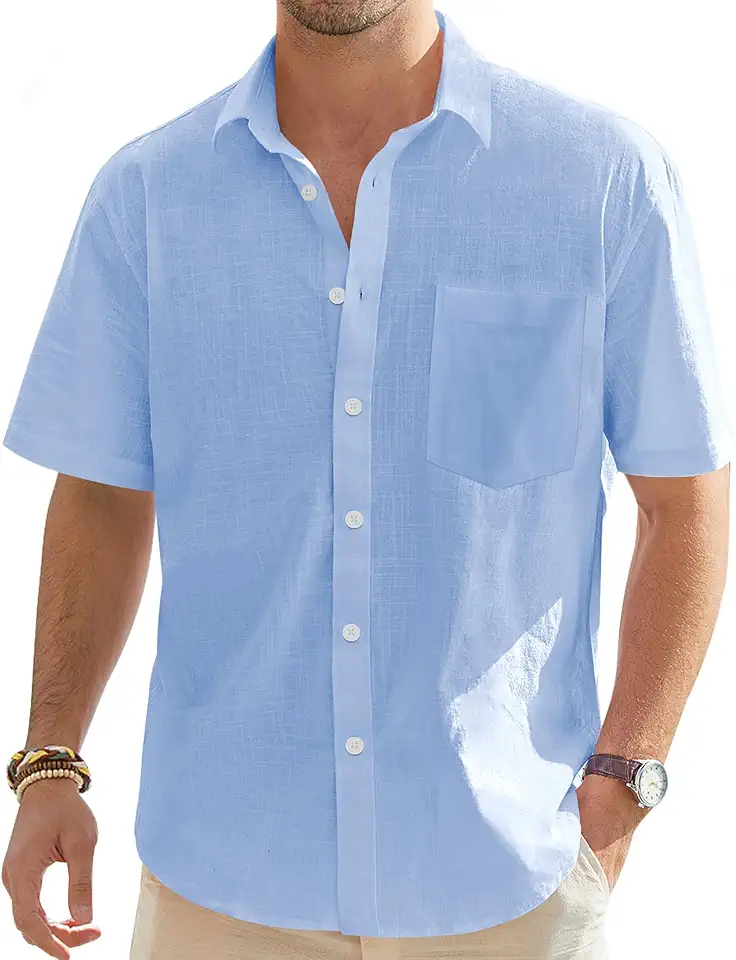 J.VER Mens Linen Shirt Short Sleeve Button Down Casual Summer Shirts | Cotton Linen, Untucked, Big Tall, from Beach Camp Vacation, Cruise Fishing, Work Office, to Wedding Party Family, with Pocket