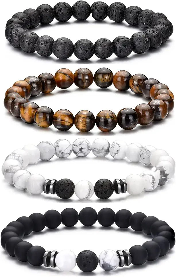 RANKEEF Tiger Eye Bracelet For Men 8MM Natural Stone Beads Bracelet Set Stretch Lava Rock Bracelets Adjustable Black Crystal Beaded Bracelet for Men Women Gifts