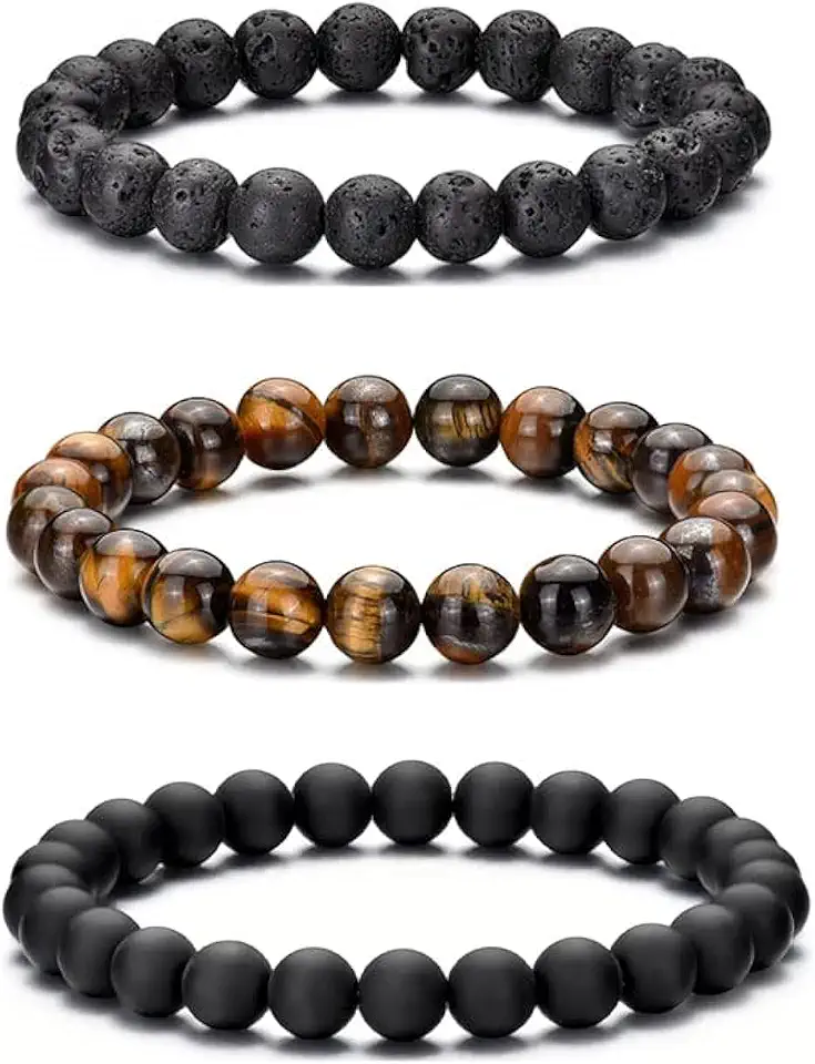RANKEEF Tiger Eye Bracelet For Men 8MM Natural Stone Stretch Adjustable Black Crystal Beaded Bracelet for Men Women Gifts