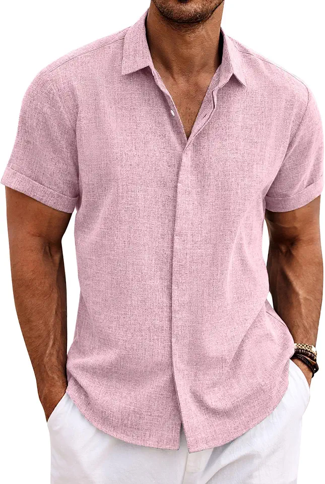 Global Recycled Standard COOFANDY Men's Linen Shirts Short Sleeve Casual Shirts Button Down Shirt for Men Beach Summer Wedding Shirt