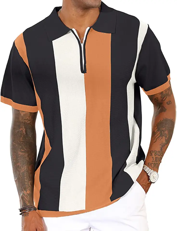 CTU Mens Casual Polo Shirts Vintage Striped Knit Golf Shirts Slim Fit Tops