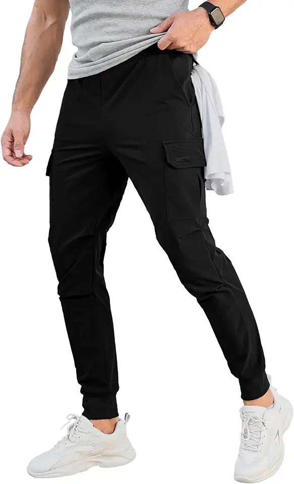Men's Slim Fit Black Cargo Jogger Pants With Straps