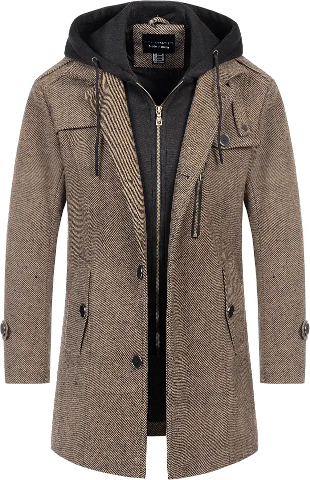CREATMO US Men's Classic Pea Coat Wool Blend Trench Coat Windproof Business Overcoat With Detachable Hood