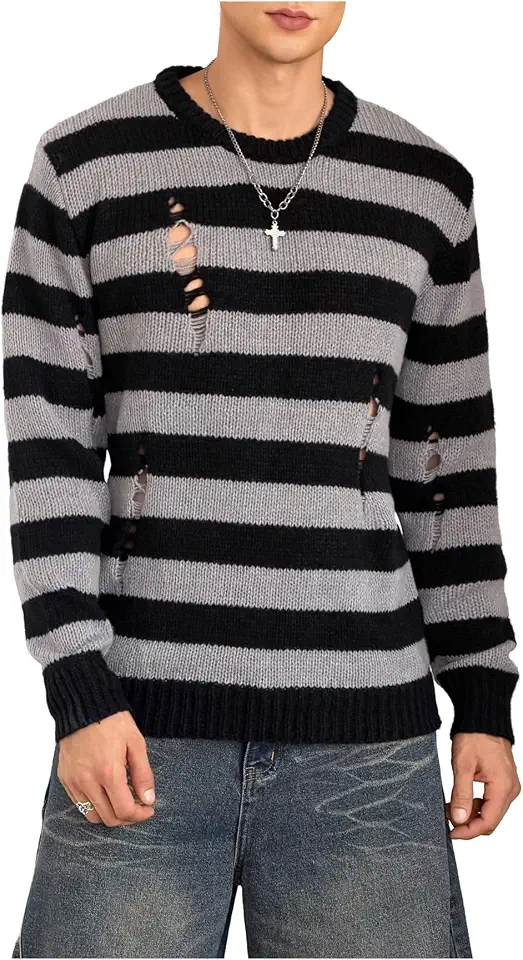 SHENHE Men's Striped Pattern Knit Pullover Ripped Drop Shoulder Sweater