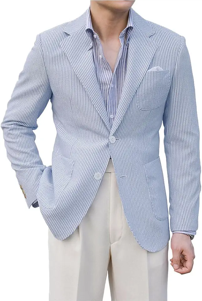 Leisure Men Seersucker Summer Suits Jacket Blue Formal Regular Fit Blazer