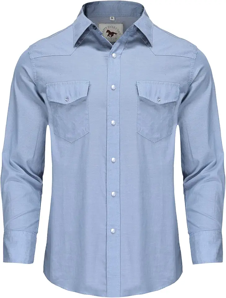Men's Denim Western Cowboy Pearl Snap Long Sleeve Casual Button Down Up Soild Work Shirts