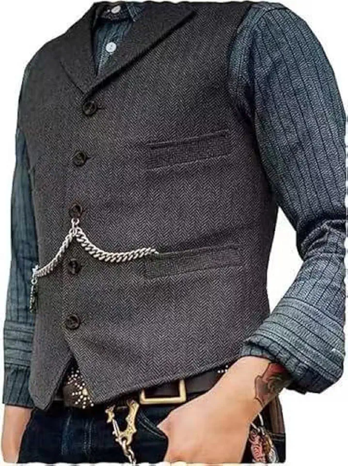 Men's Wool Tweed Herringbone Vest Classic Suit Waistcoat for Tuxedo