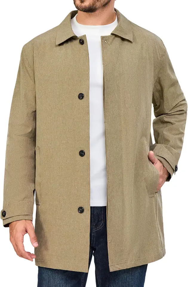 Little Donkey Andy Men's Waterproof Mid-Length Trench Coat, Lightweight Long Rain Coat, Single Breasted Overcoat