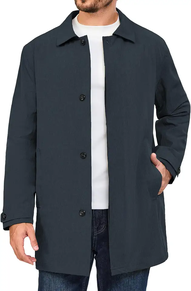 Little Donkey Andy Men's Waterproof Mid-Length Trench Coat, Lightweight Long Rain Coat, Single Breasted Overcoat