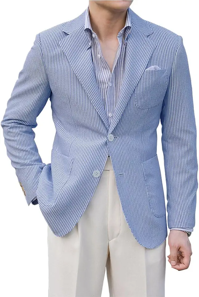 Leisure Men Seersucker Summer Suits Jacket Blue Formal Regular Fit Blazer