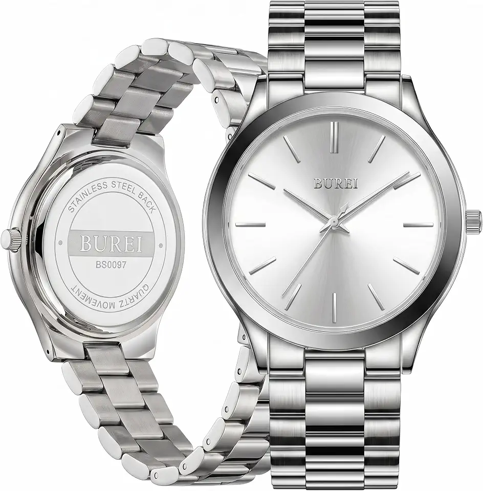 BUREI Men's 44mm Large Face Quartz Watch, Business Casual Analog Wrist Watch,Water Resistant Adjustable Stainless Steel Band Watch, Gift for Men Dad