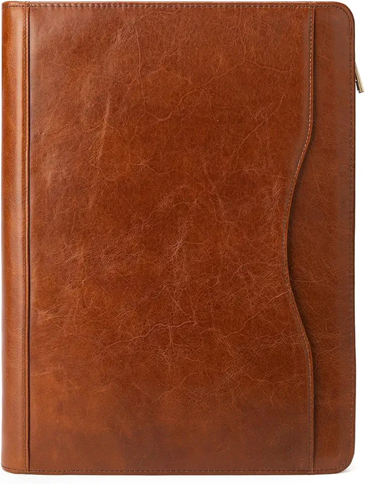 YIWEN Handmade Leather 3 Ring Binder Portfolio with Front Pocket, Zippered Padfolio for 8.5 x 11” Notepad and 13" Tablet, Professional Business Travel Organizer (Brown, Oil Wax Leather)