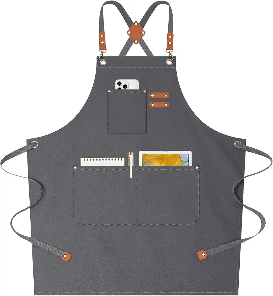 AFUN Chef Aprons for Women Men with Oversized Pockets, 12-Ounce Cotton Canvas Cross Back Water Repellent Apron (Grey)