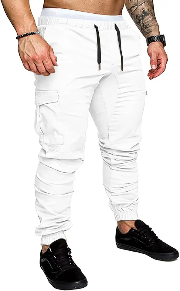 Men's Slim Fit Off White Cargo Jogger Pants With Straps