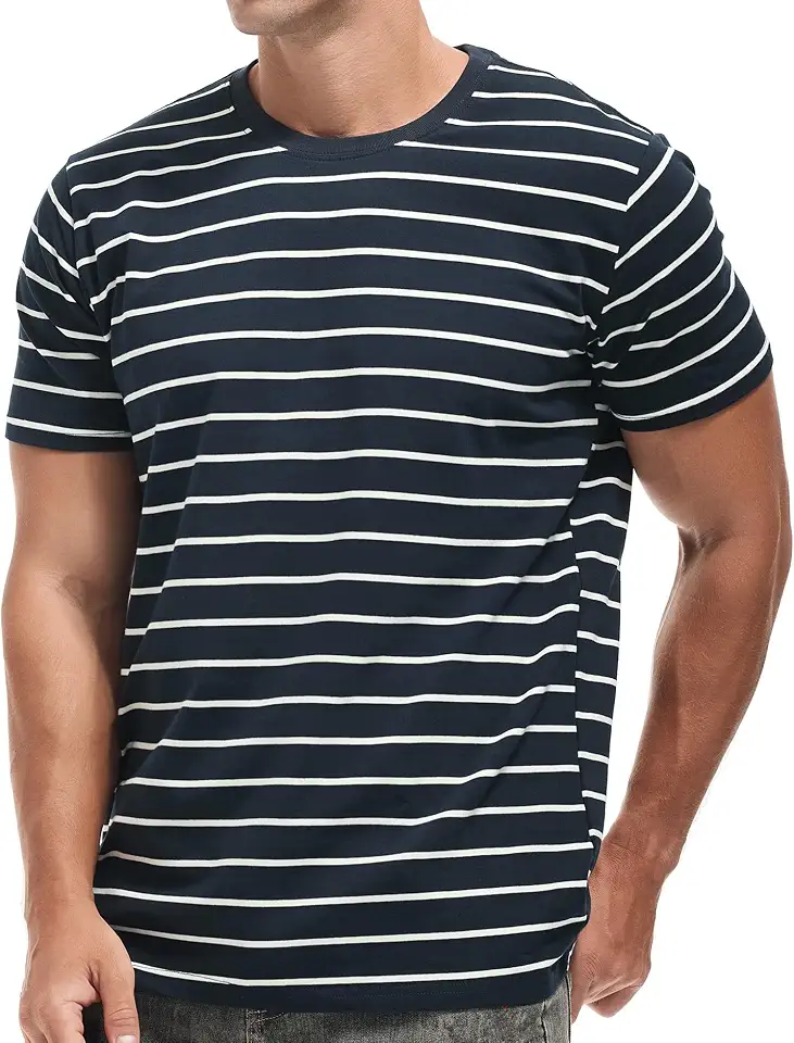 VEIISAR Men's Crewneck Striped T-Shirt Soft Elastic Cotton Tees