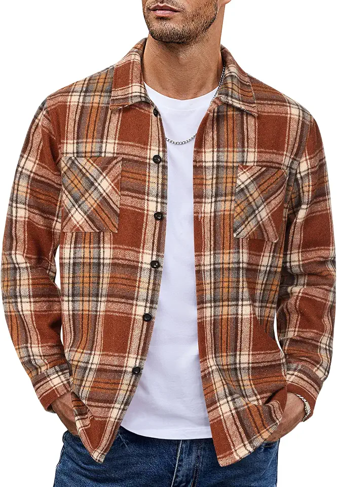 Men's Rust Plaid Fleece Button Up Overshirt