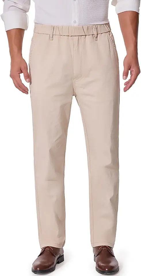 voeeron Mens Elastic Waist Twill Pants for Seniors – Pull On Comfort Pants with Stretch Waistband, Relaxed Fit