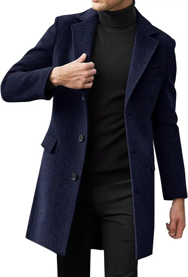 Mens Single Breasted Trench Coat Pea Coat Notch Lapel Long Casual Overcoat