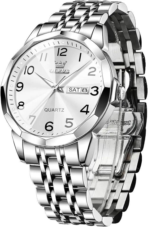 OLEVS Men's Casual Stainless Steel Watch, Big Face Easy to Read Analog Quartz Watch with Day and Date, Classic Waterproof Diamond Roman Arabic Numeral Dial Dress Watch for Men, Gold Silver Black Band