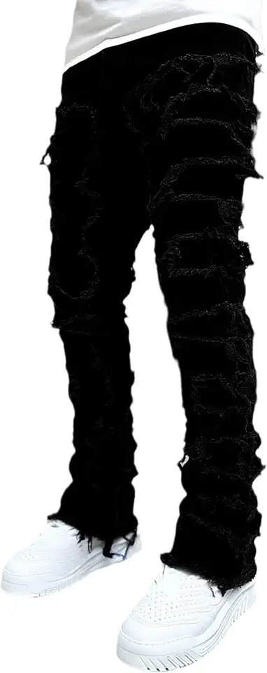 Conshvi Men's Slim Fit Stretch Jeans Distressed Patchwork Stacked Frayed Straight Leg Skinny Denim Pants
