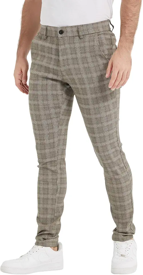 Plaid&Plain Men's Plaid Skinny Dress Pants Skinny Chino Pants