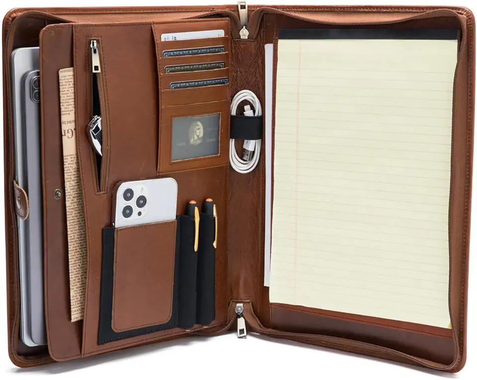 Genuine Leather Portfolio, Legal Size 8.5 x 14 Pad Holder, Business Padfolio for Men and Women, Zipper 14" Laptop Organizer, Executive Professional Work Travel Notepad Folio, Brown, Oil Tanned