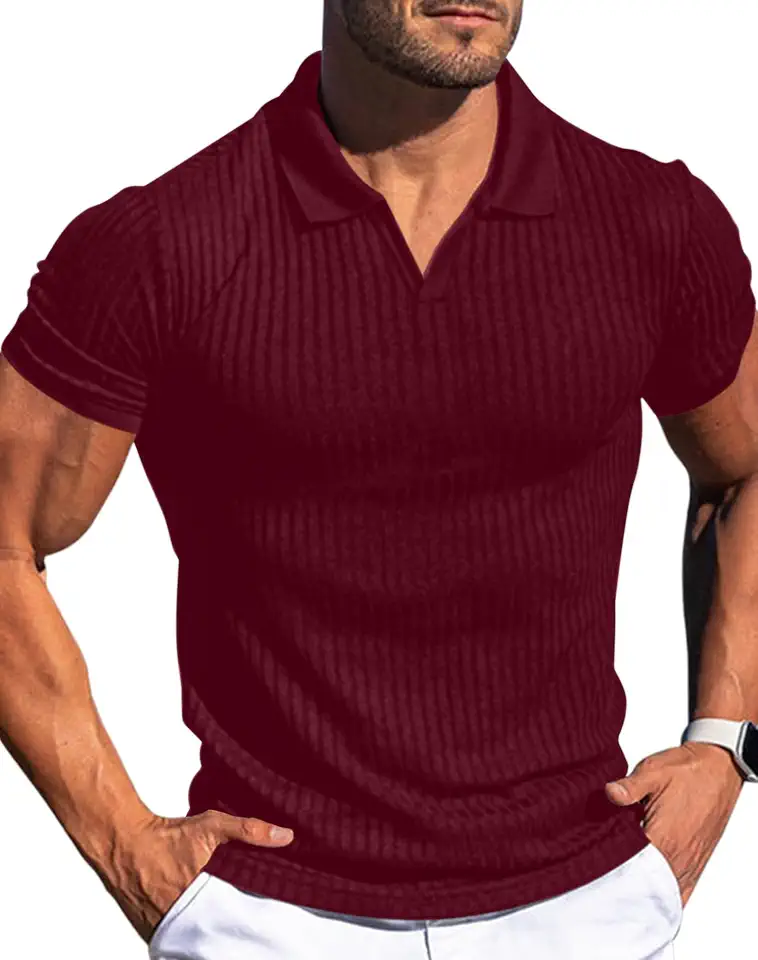 Men's Muscle Polo Shirts Slim Fit Short Sleeve V Neck Zip T Shirts